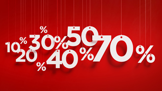 Várias percentagens de desconto e reembolsos com o cartão DECO+ a branco num fundo vermelho.